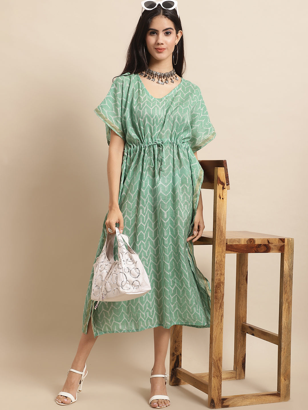 Aawari Women's Mint Green Chanderi Printed Kaftaan Dress with Drawstring Waist