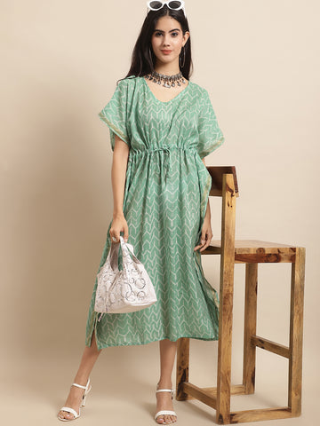 Aawari Women's Mint Green Chanderi Printed Kaftaan Dress with Drawstring Waist