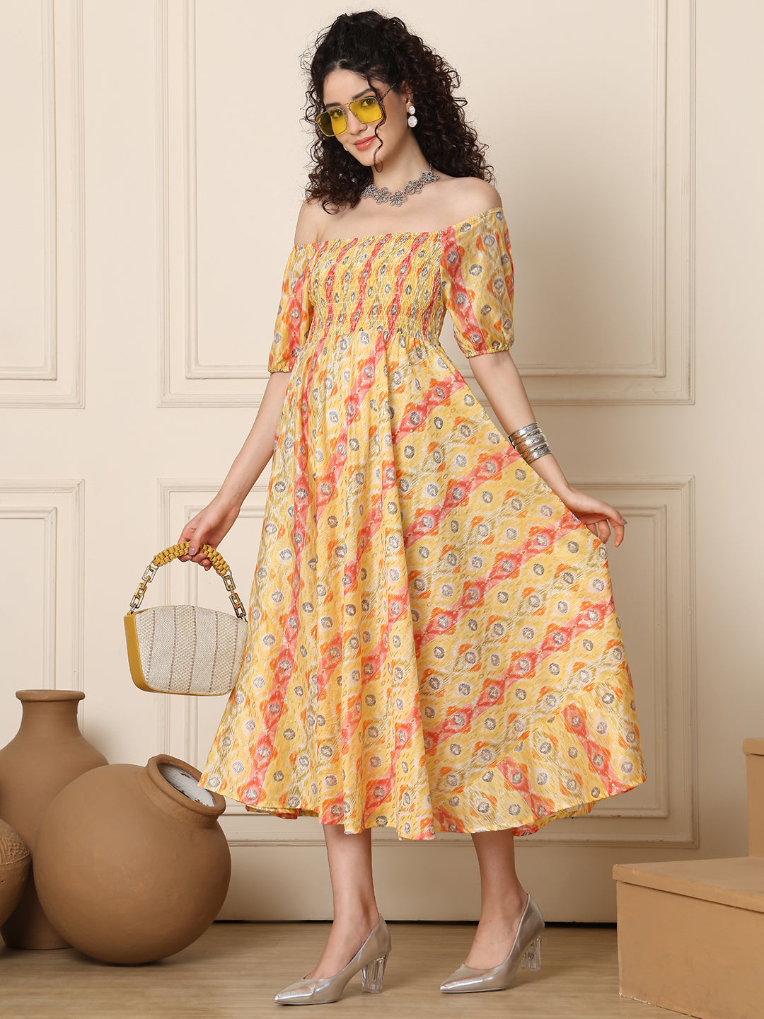 Aawari Chanderi Unique Printed Off Shoulder Dresses / Maxi Dresses / Western Wear