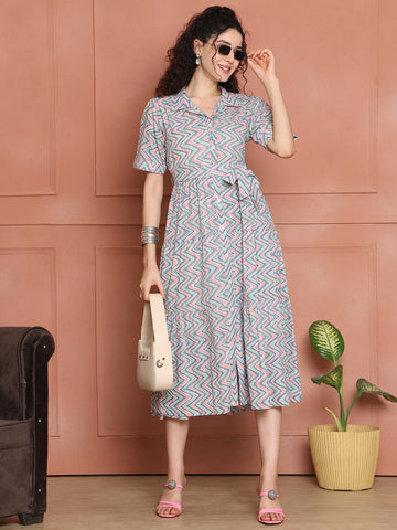 Aawari Cotton Printed Shirt Collar Dress