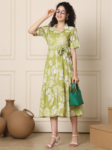 Aawari Olive Green Floral Print Shirt Dresses With Waist Tie-Up
