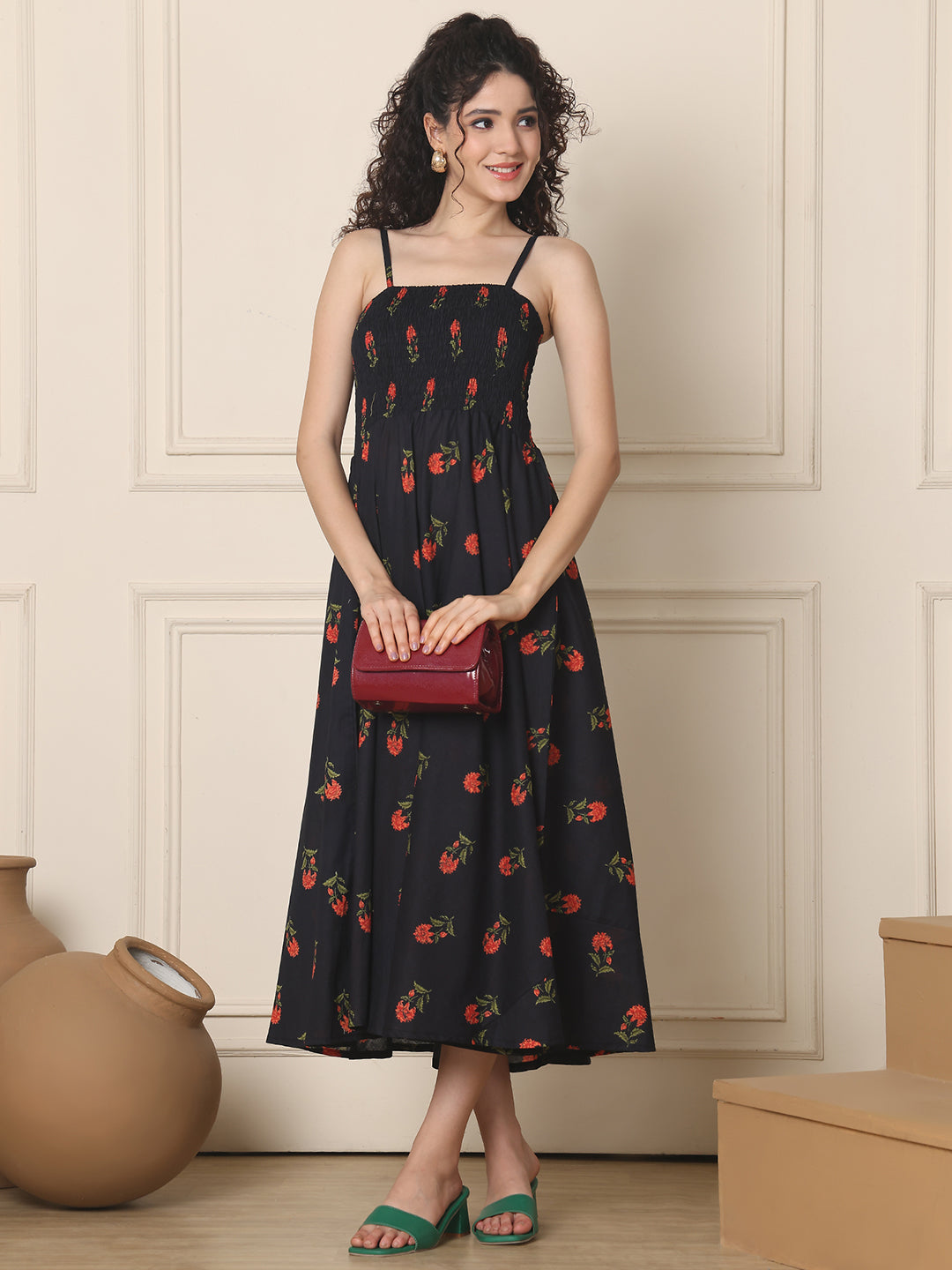 Aawari Cotton Unique Printed Spaghetti Strap Dress - Western Wear