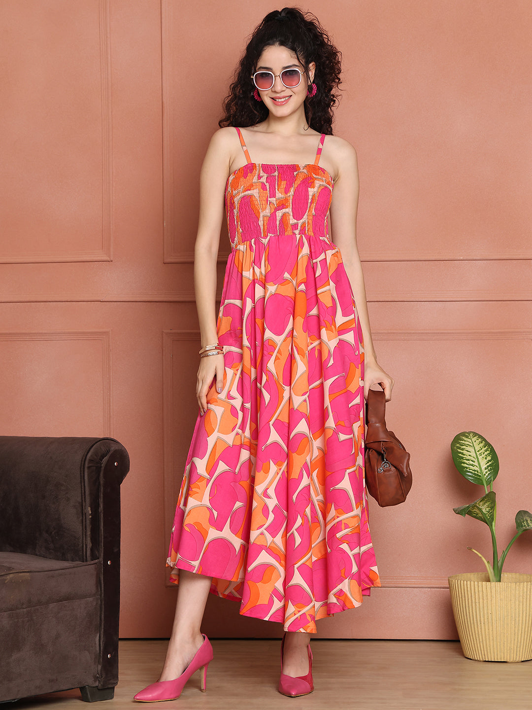 Aawari Rayon Printed Unique Spaghetti Strap Dress - Western Wear