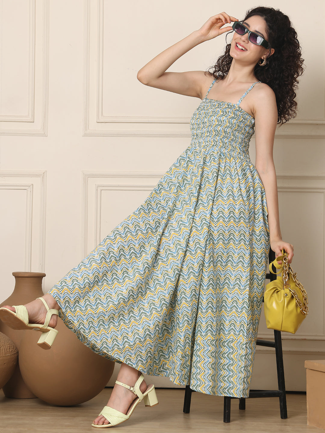 Aawari Cotton Unique Printed Spaghetti Strap Dress - Western Wear