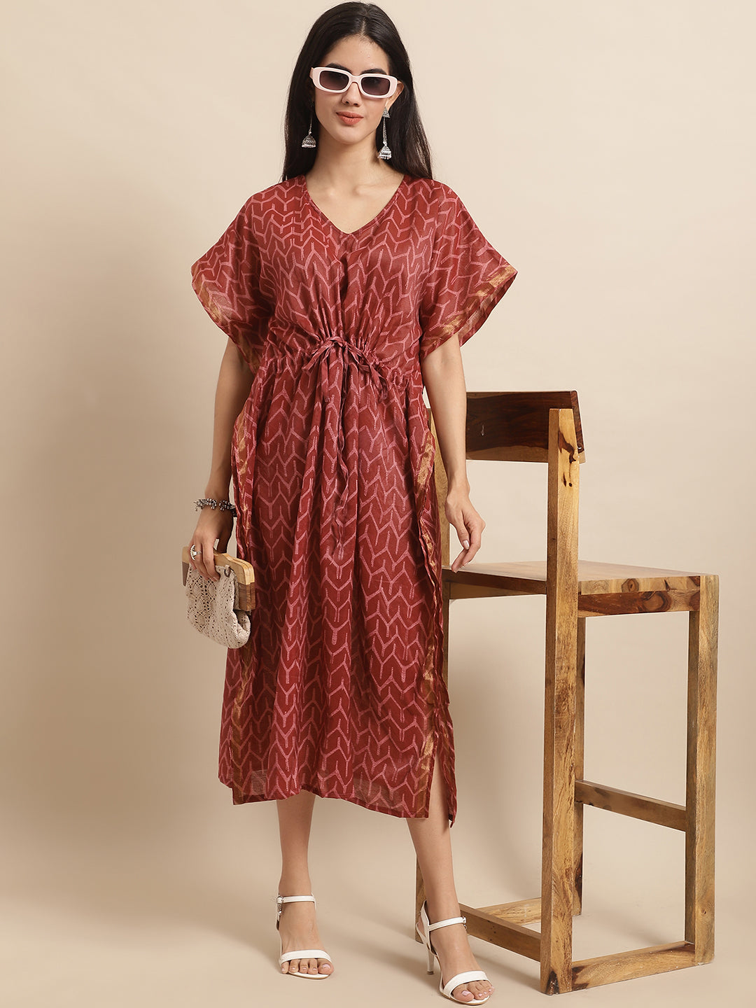 Aawari Maroon Chanderi Printed Kaftaan Dress with Drawstring Waist