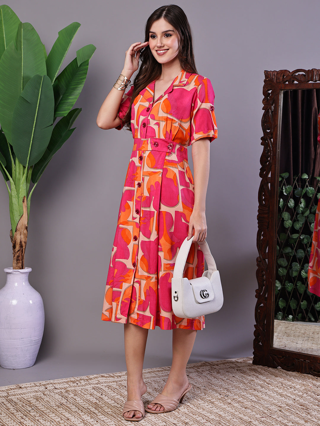 Aawari Pink & Orange Abstract Print Cotton Shirt Dress - Midi Dresses / Western Wear / Dresses
