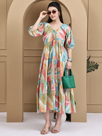 Aawari Multicolor Cotton Printed Knot Dresses With Puff Sleeves
