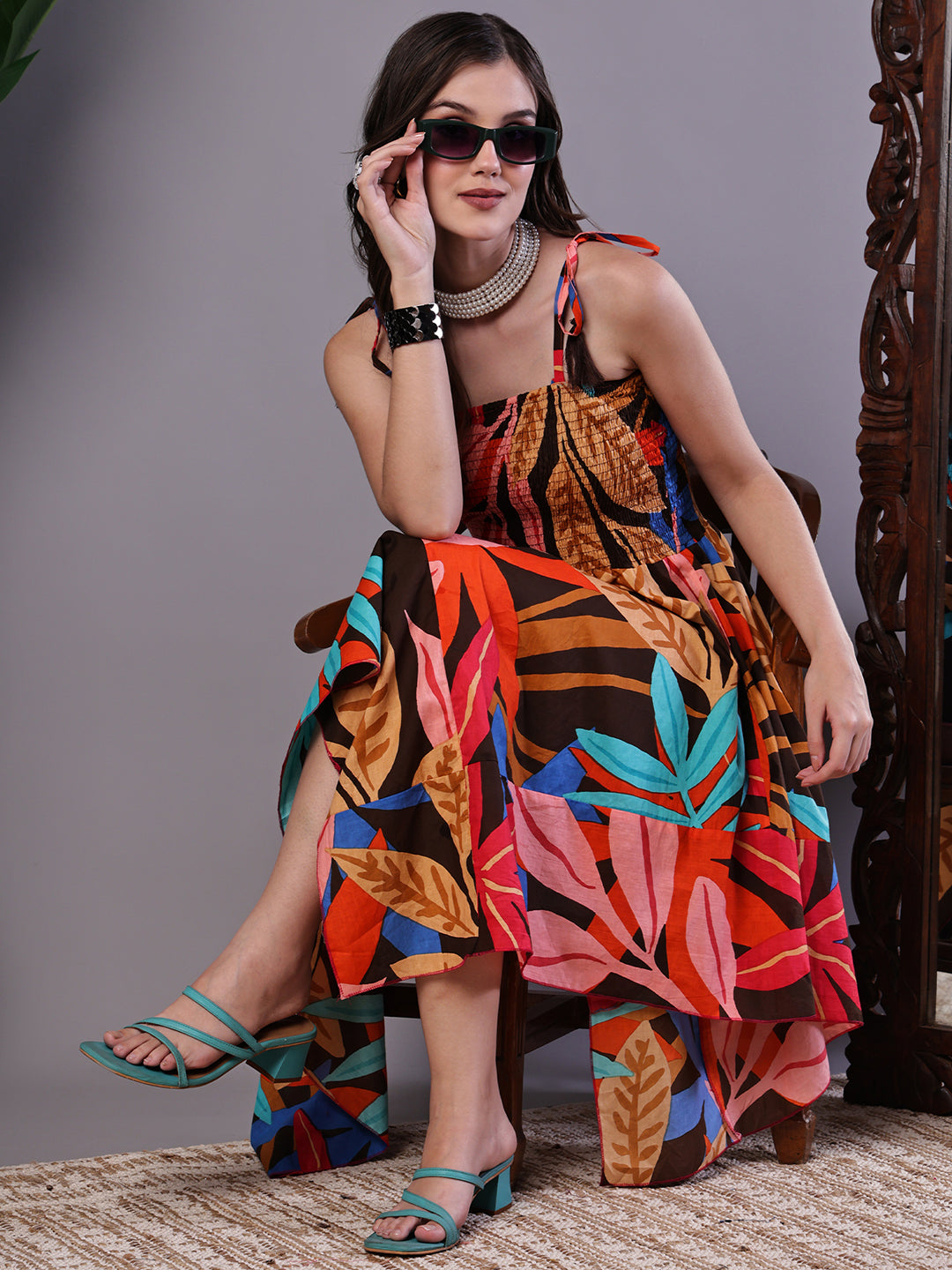 Aawari Bold Multicolor Junglee Print Handkerchief Hem Cotton Dress - Midi Dresses / Western Wear