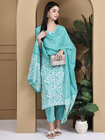 Aawari Cotton Printed Three Piece Suit Set
