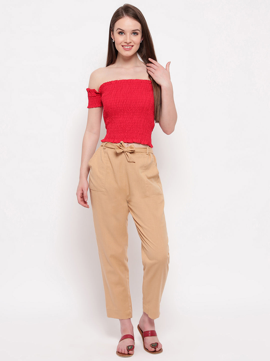 Aawari Women Cotton Solid Belt Pants