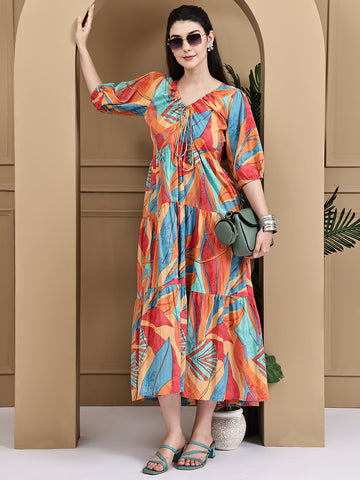 Aawari Women Cotton Printed Knot Dresses With Puff Sleeves