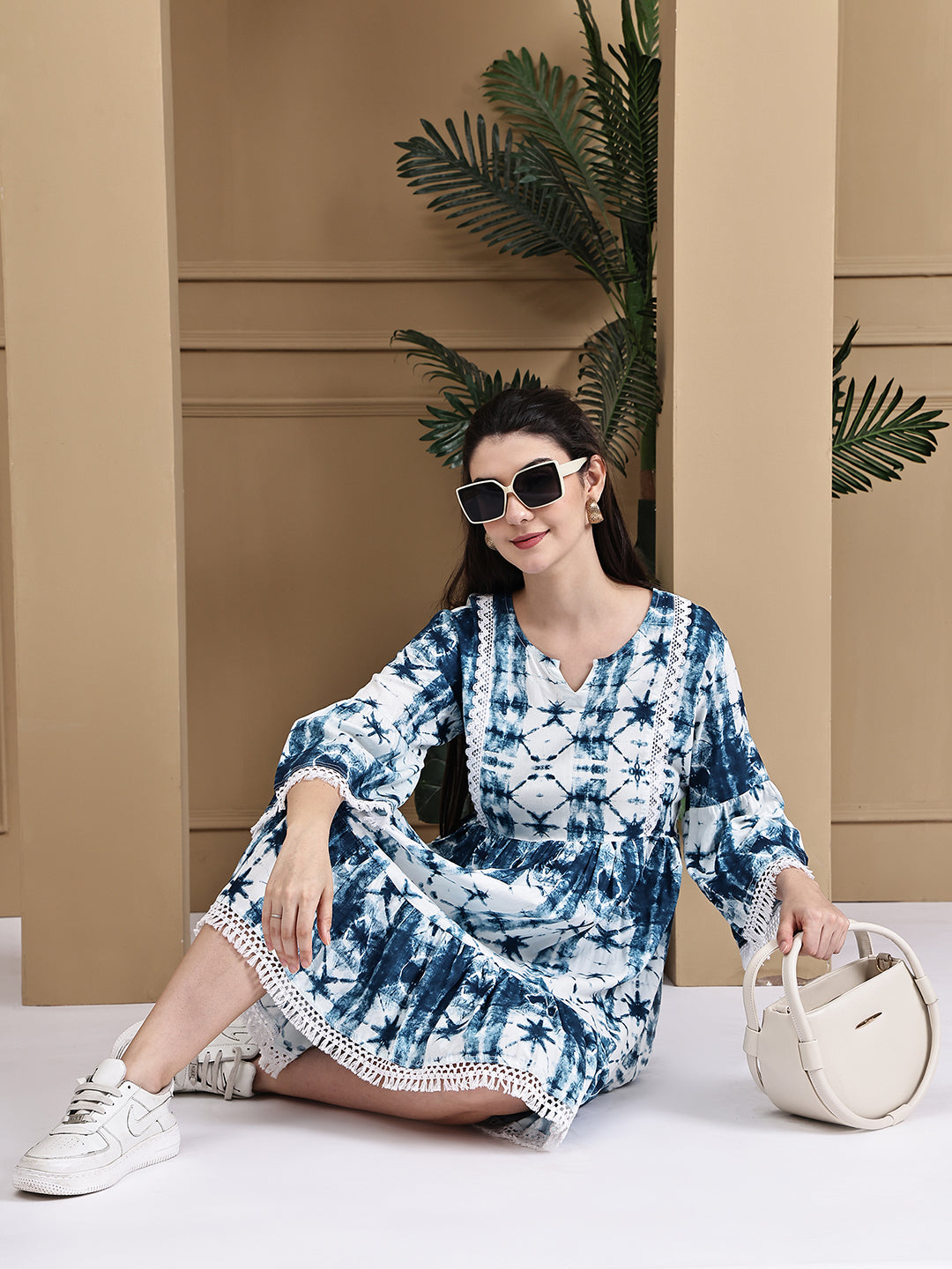 Aawari Rayon Tie & Dye Dark Blue Short Dress - Midi Dresses / Western Wear