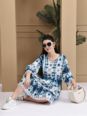 Aawari Rayon Tie & Dye Dark Blue Short Dress - Midi Dress