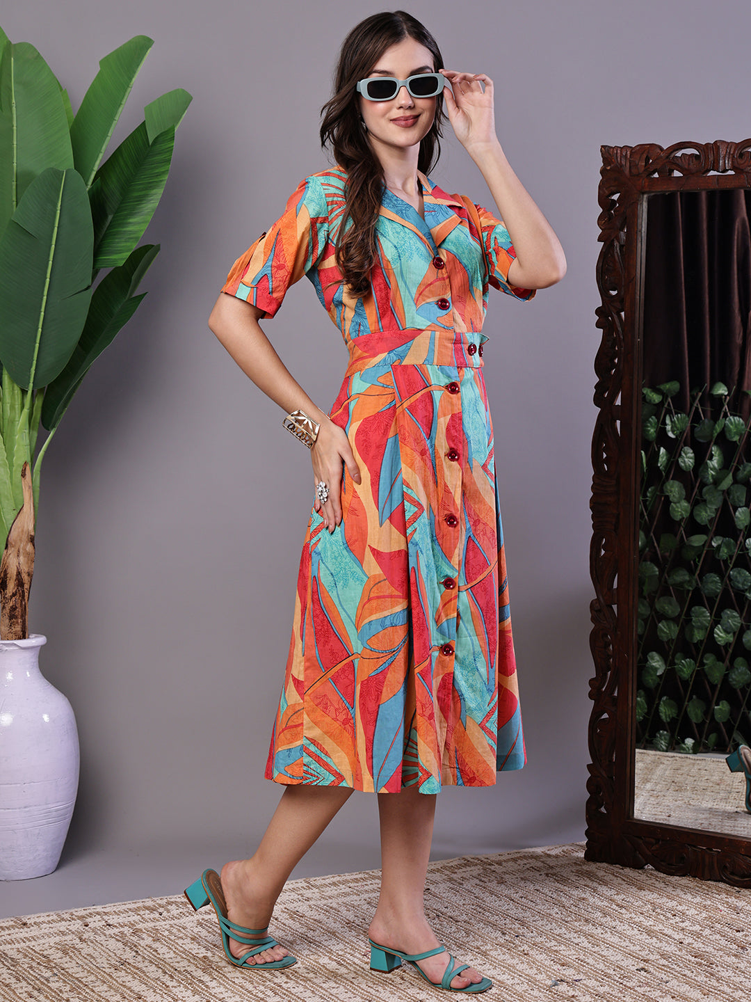Aawari Tropical Print Button-Down Cotton Midi Dress - Midi Dresses / Western Wear / Dresses