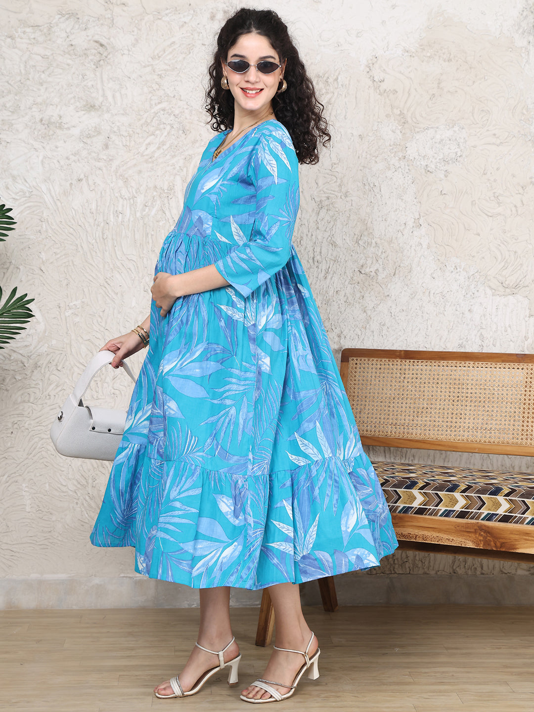 Aawari Sky Blue Leaf Print Cotton Maternity Dresses with 3/4 Sleeves