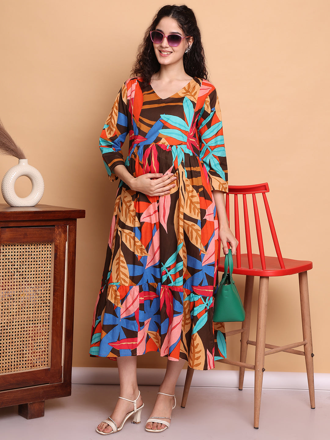 Aawari Brown Multicolor Leaf Print Cotton Maternity Dresses with 3/4 Sleeves
