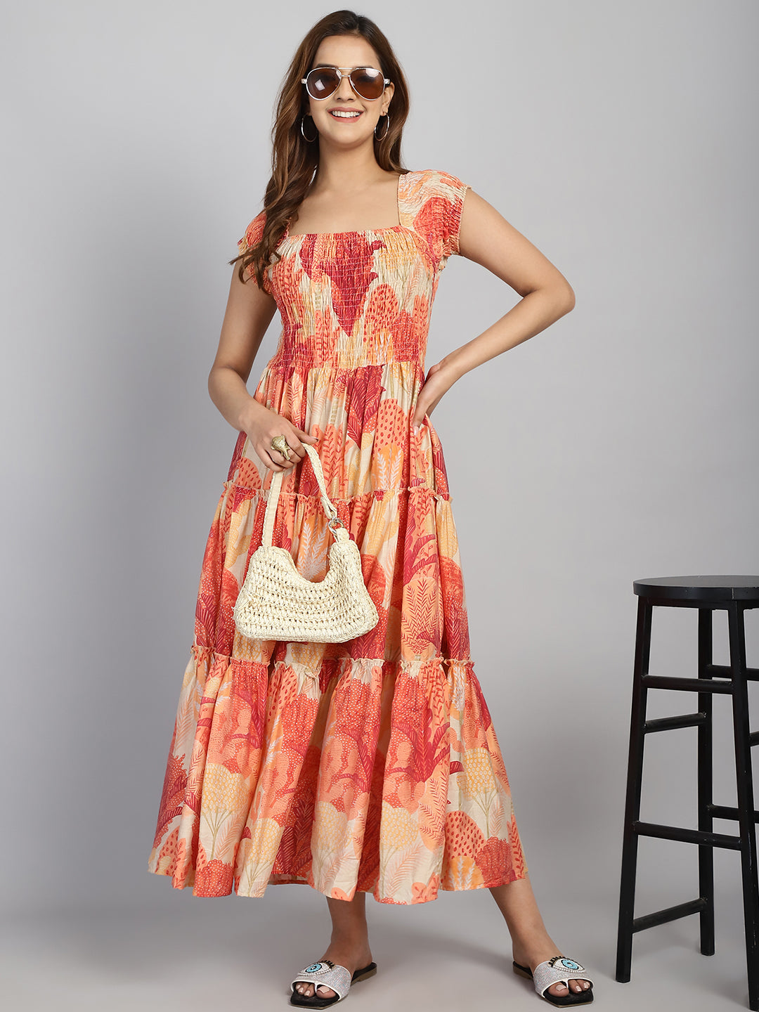 Aawari Women Chanderi Printed Dresses / Maxi Dresses / Western Wear