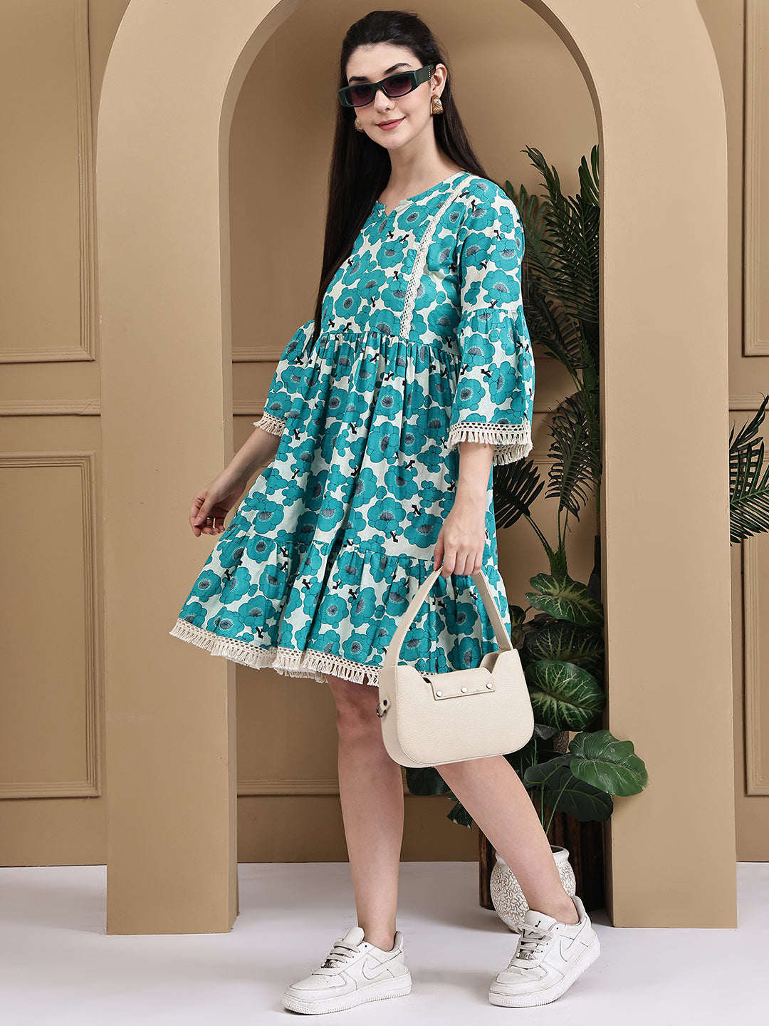 Aawari Cotton Printed Long Sleeve Dress - Midi Dresses / Western Wear