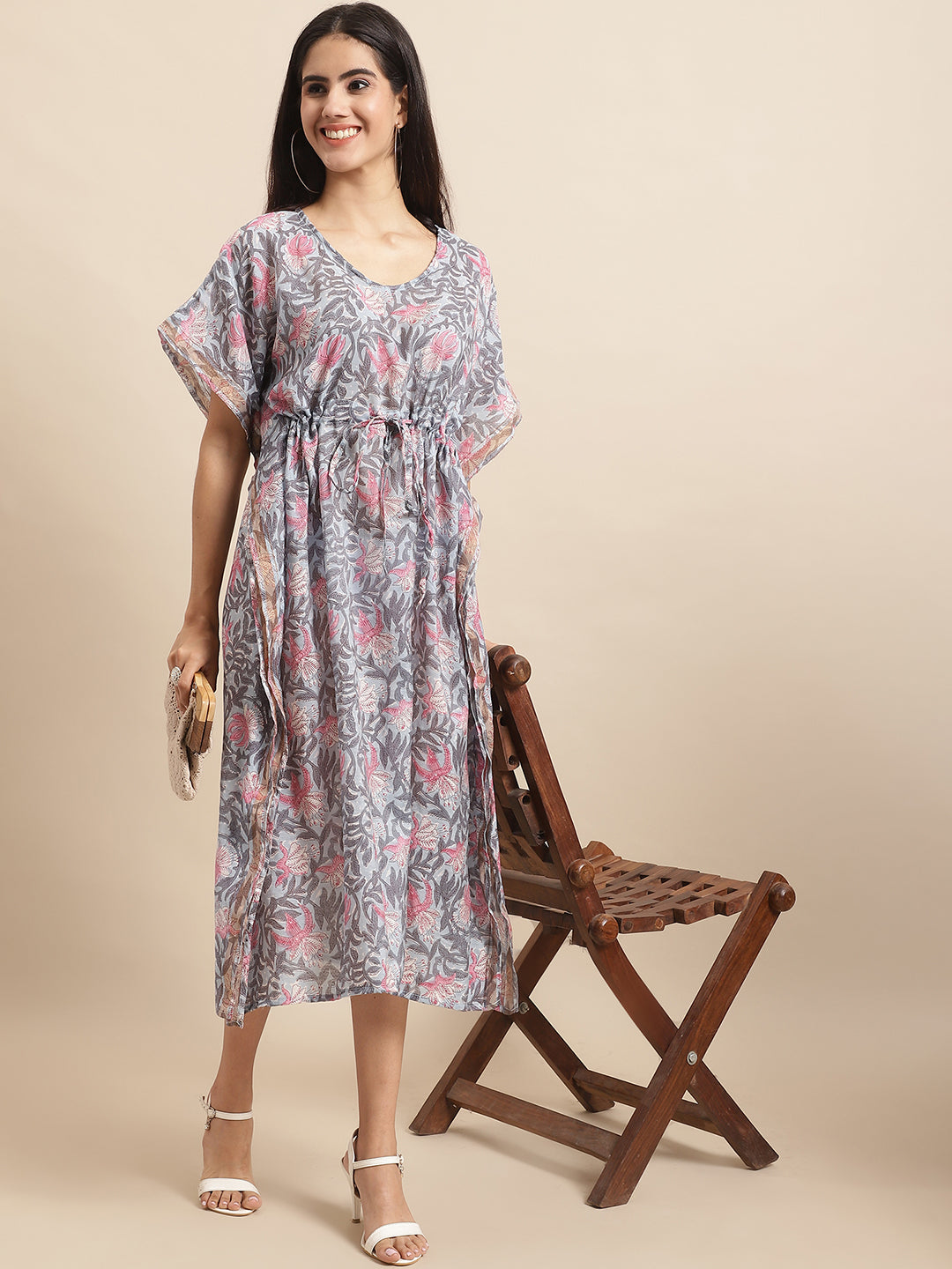 Aawari Grey & Pink Floral Printed Chanderi Kaftaan Dress