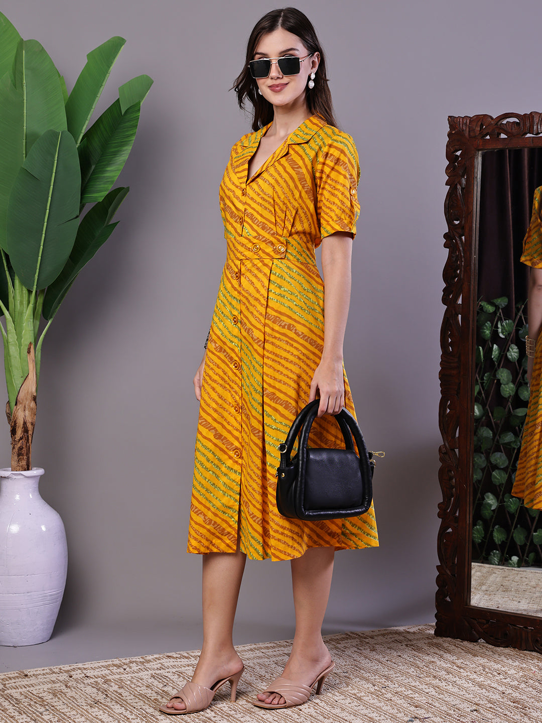 Aawari Yellow Printed Cotton Shirt Dress - Midi Dresses /  Western Wear / Dresses
