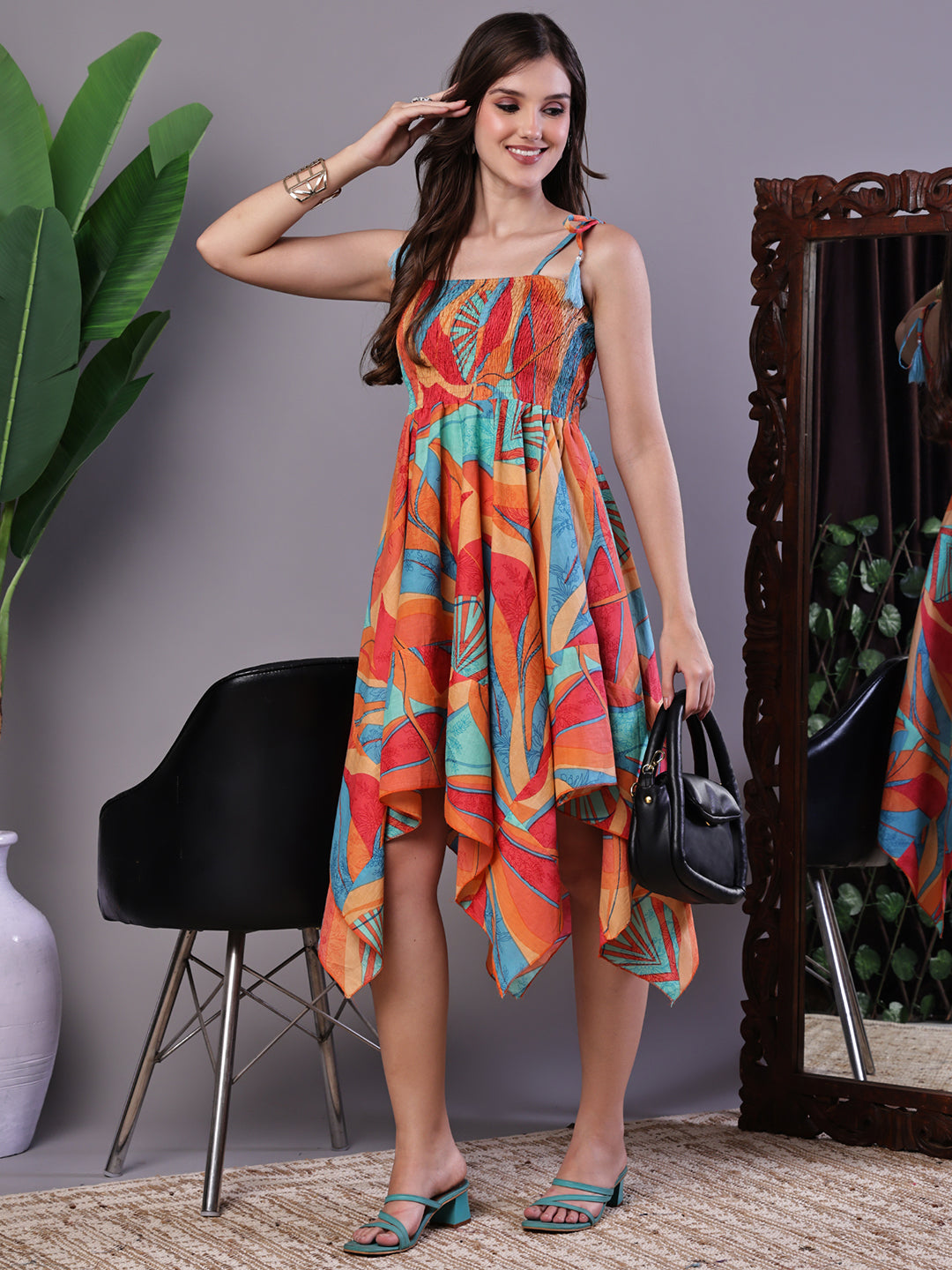 Aawari Multicolor Printed Cotton Handkerchief Hem Dress - Midi Dresses / Western Wear