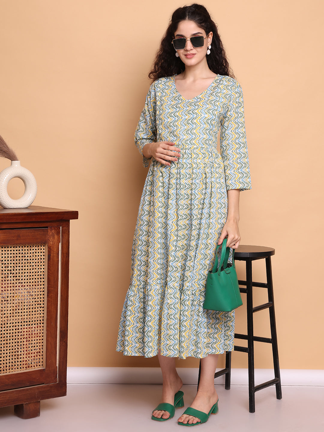 Aawari ZigZag Print Cotton Maternity Dresses with 3/4 Sleeves