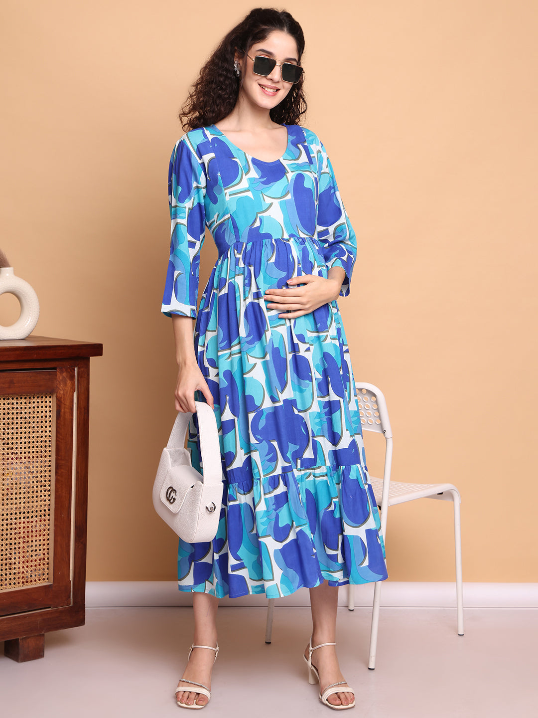 Aawari Blue Abstract Printed Cotton Maternity Dresses with 3/4 Sleeves