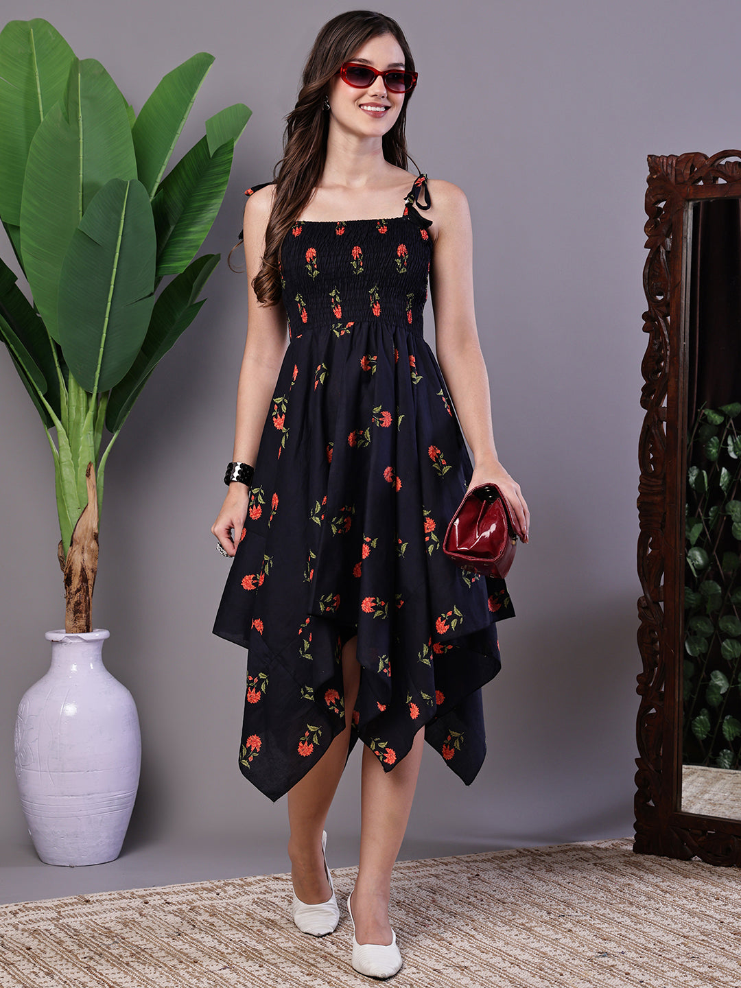 Aawari Navy Printed Smocked Asymmetrical Hem A-Line Dress - Midi Dresses / Western Wear
