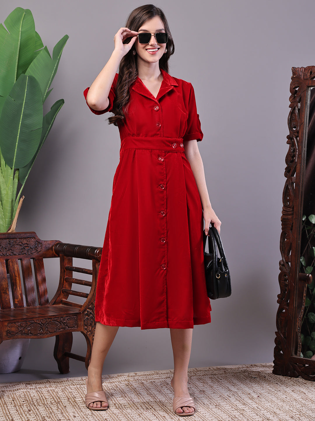 Aawari Red Velvet Shirt Style Midi Dress with Belt - Midi Dresses / Western Wear / Dresses