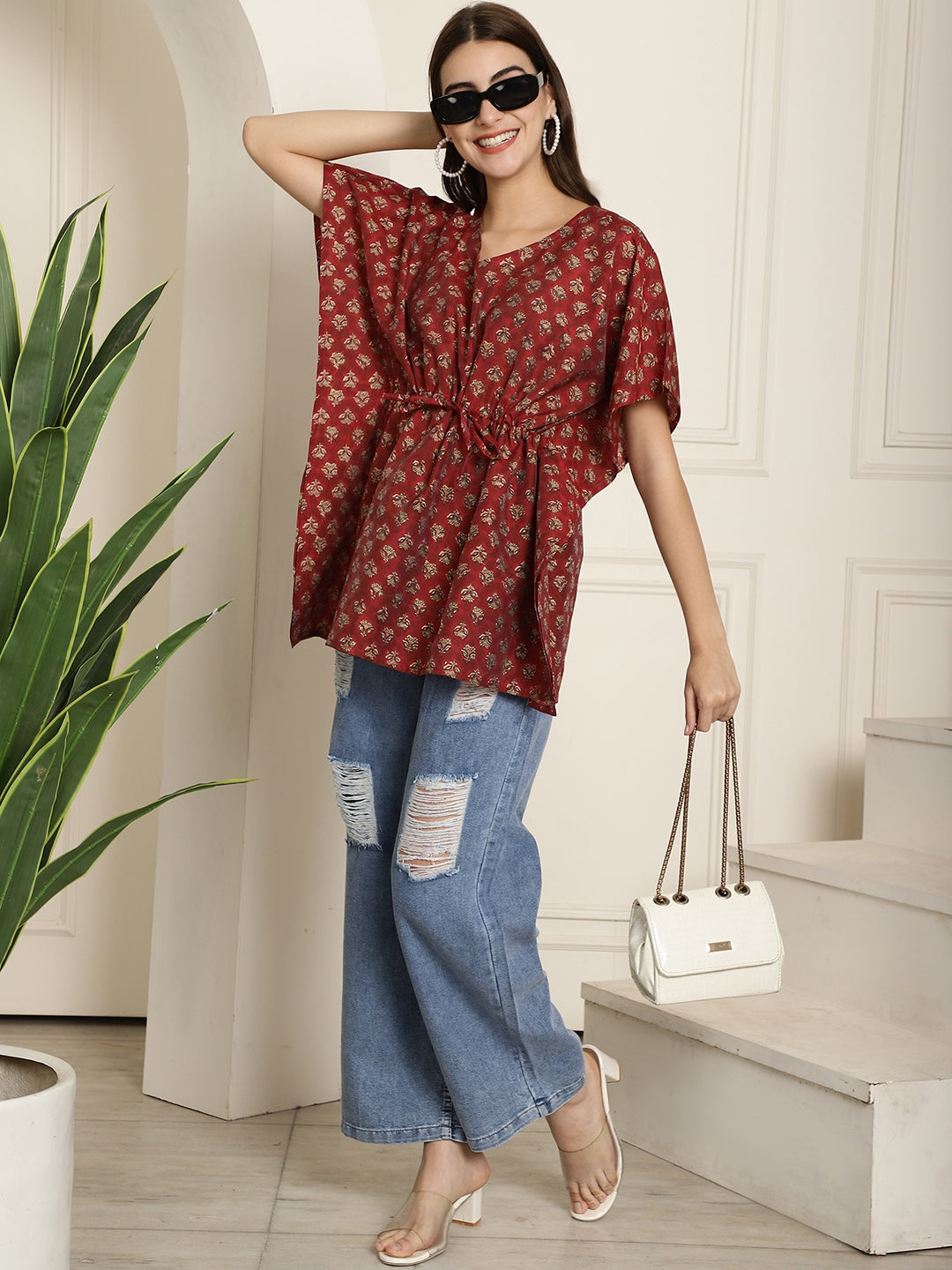 Aawari Maroon Handblock Printed Chanderi Short Kaftaan Top with Drawstring