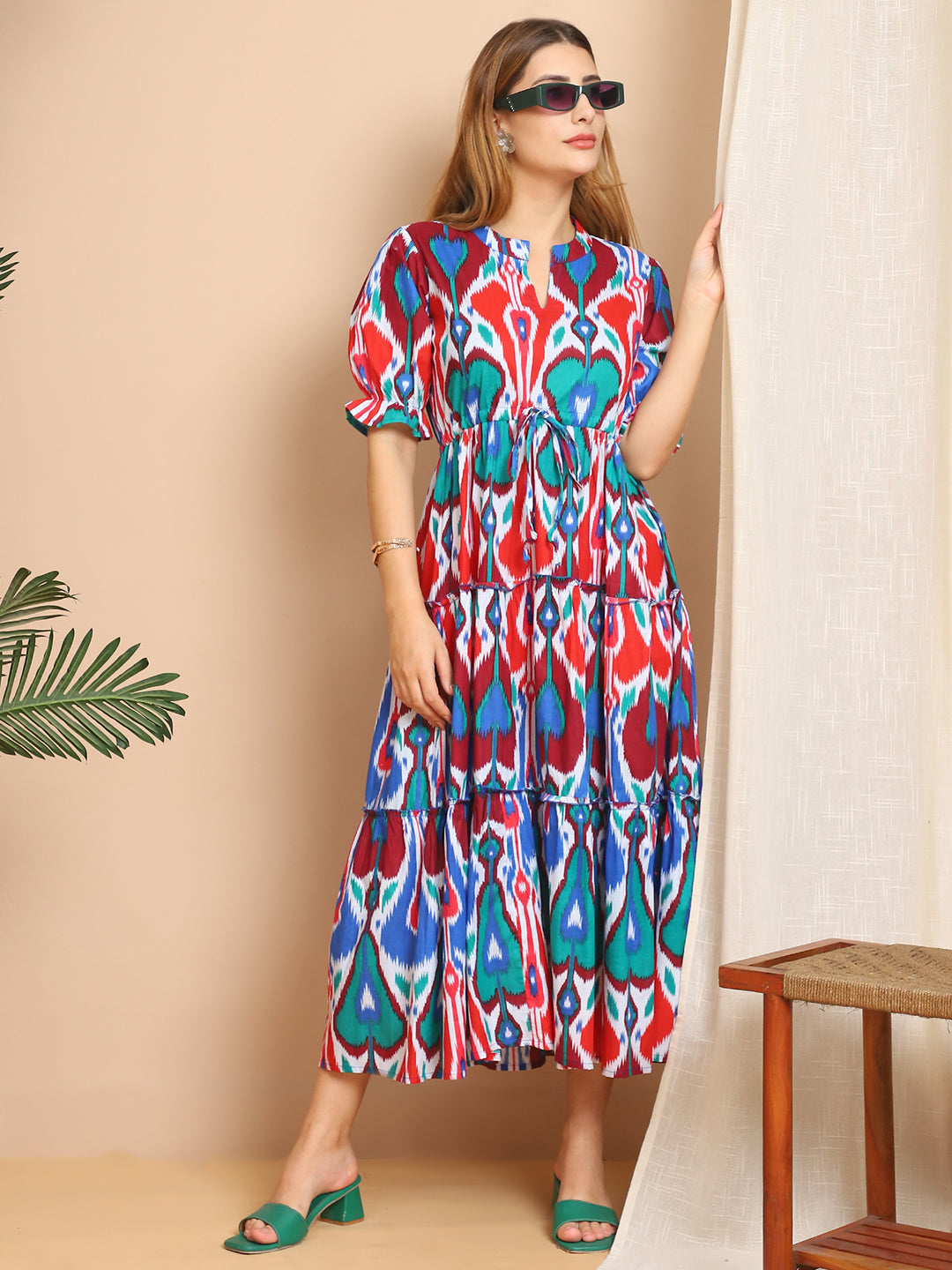 Aawari Boho Ikat Print Cotton Dresses with Puff Sleeves / Maxi Dresses / Western Wear