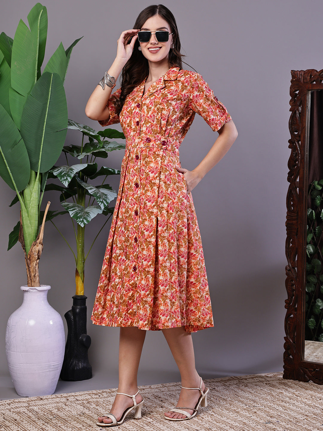 Aawari Floral Printed Cotton Button-Down Midi Dress for Women - Midi Dresses / Western Wear / Dresses