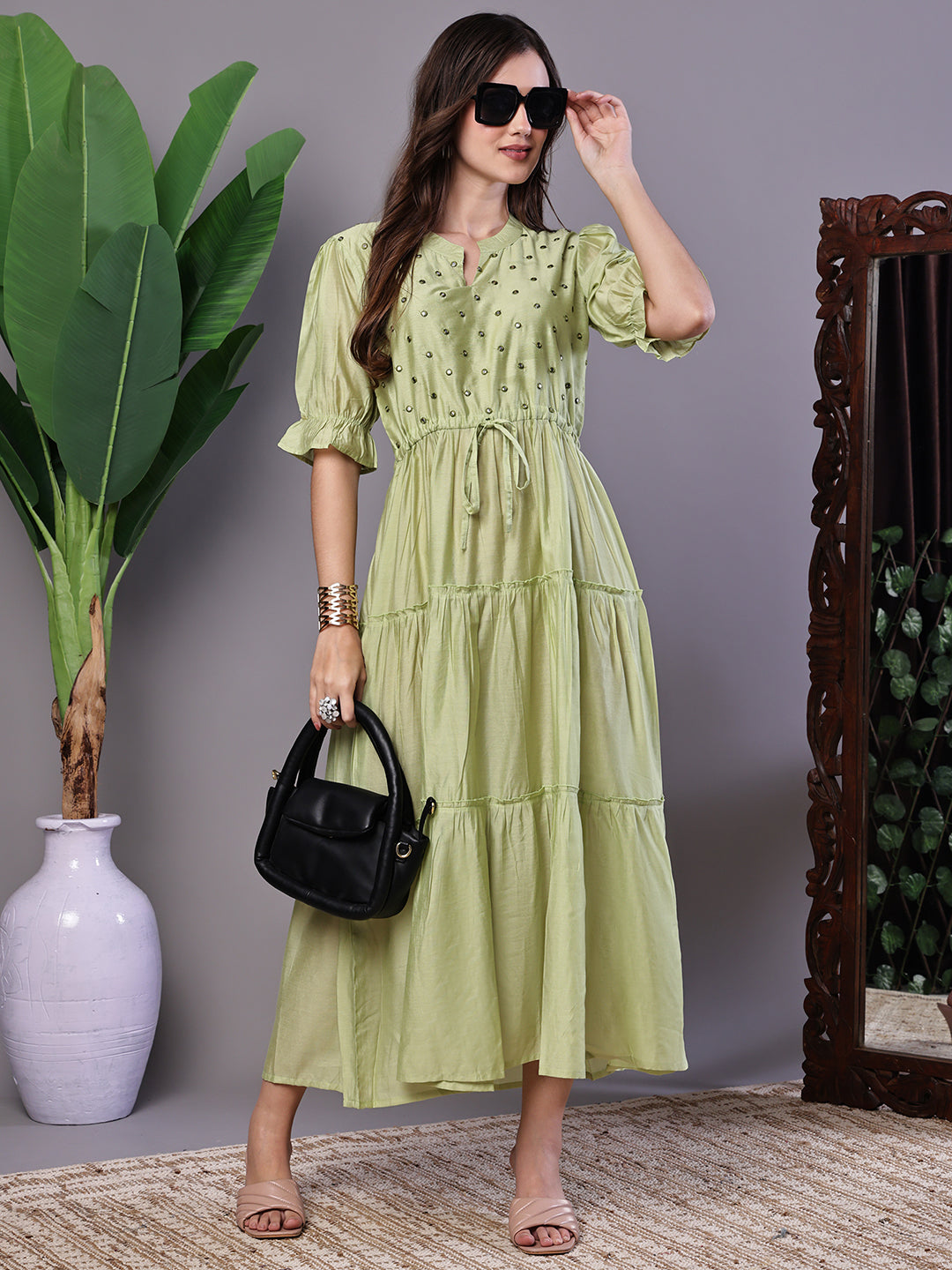 Boho-Chic Forest Green Tiered Maxi Dress with Puff Sleeves - Dresses / Western Wear / Maxi Dresses