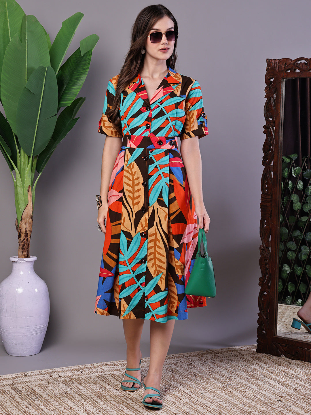Aawari Leaf Print Button-Down Cotton Midi Dress - Midi Dresses / Western Wear / Dresses