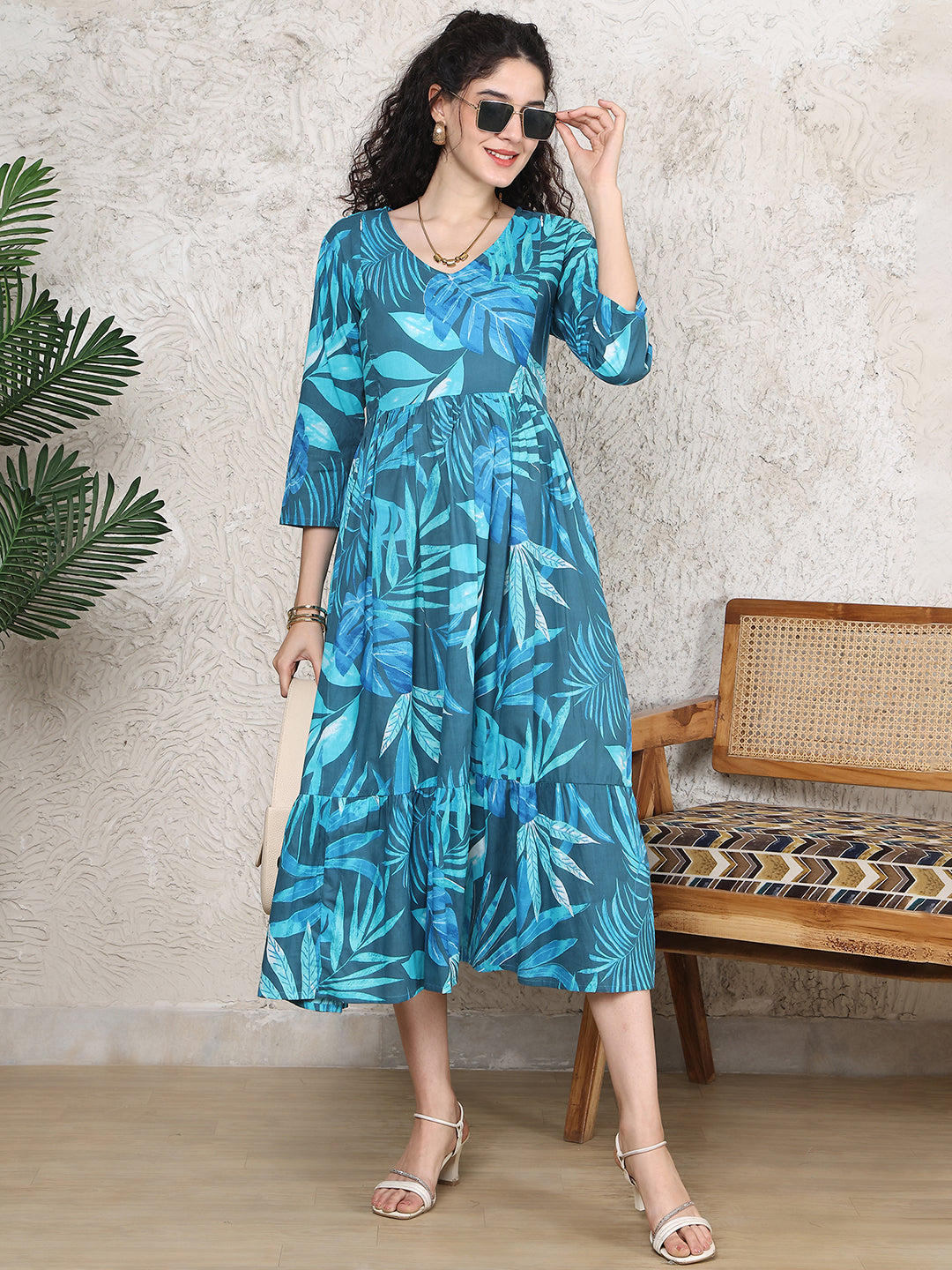 Aawari Teal Blue Cotton Maternity Dresses Leaf Print with 3/4 Sleeves