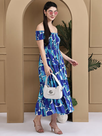 Aawari Rayon Bubbly Blue Printed Off Shoulder Dresses