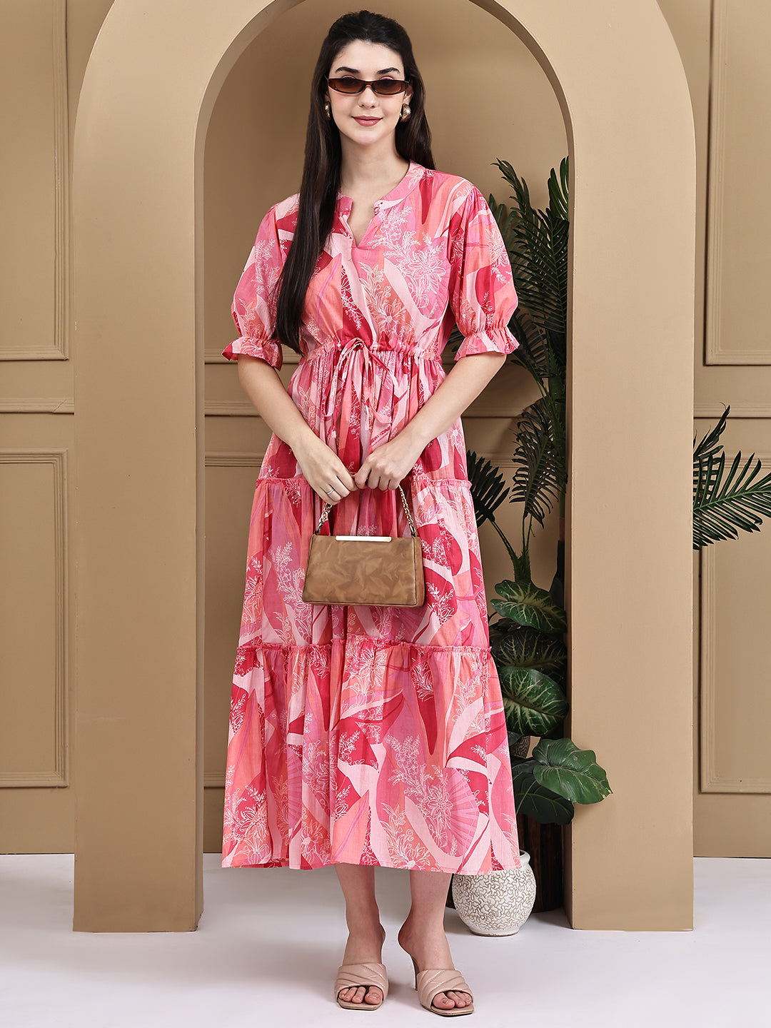 Aawari Cotton Pink Flower Printed Knot Dresses / Maxi Dresses / Western Wear