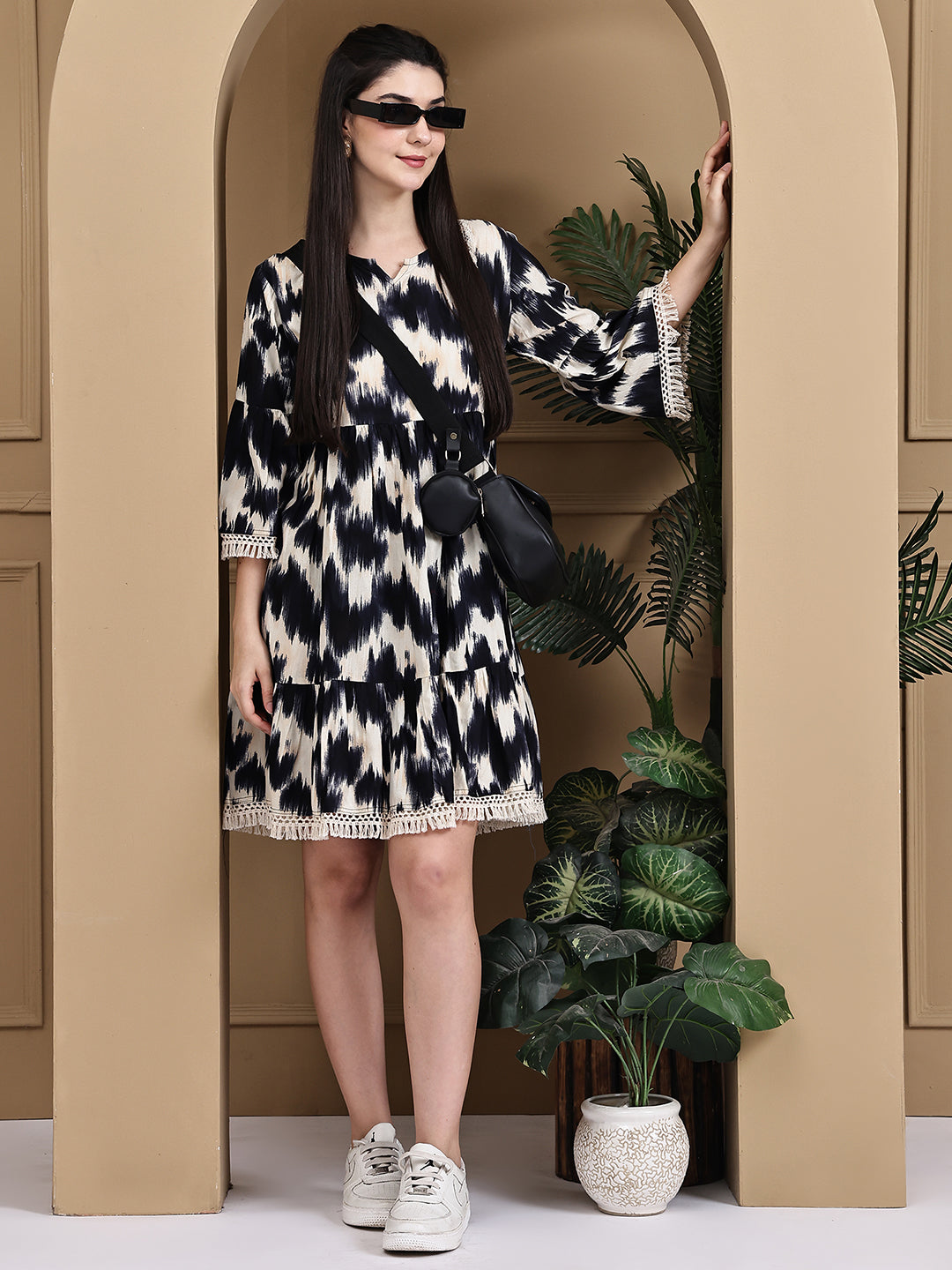 Aawari Cotton Printed Black & White Short Dress - Midi Dresses / Western Wear