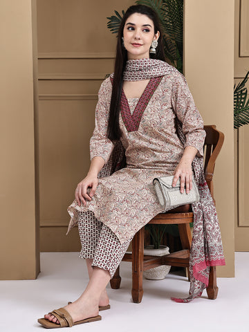 Aawari Cotton Printed Three Piece Suit Set