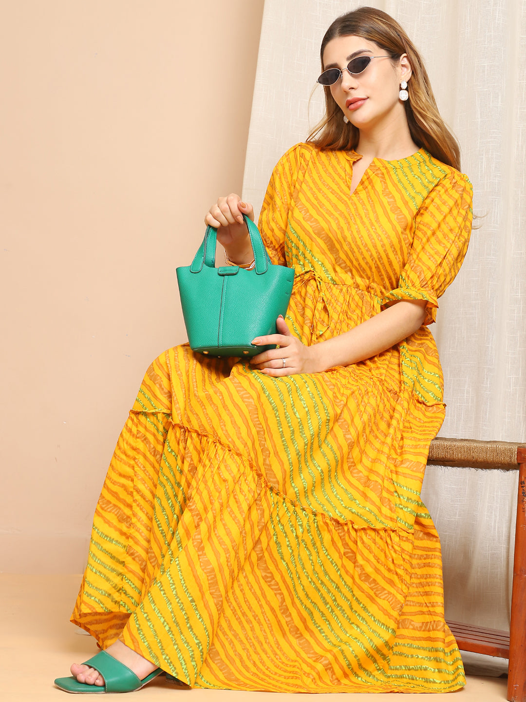 Aawari Yellow & Green Striped Cotton Tiered Maxi Dress - Dresses / Maxi Dresses / Western Wear