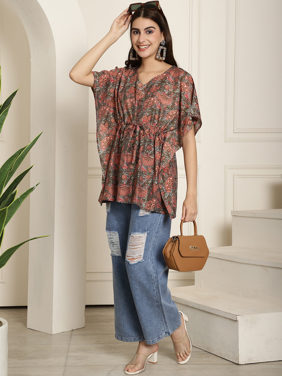 Women's Floral Print Cotton Kaftaan Top with Drawstring Waist