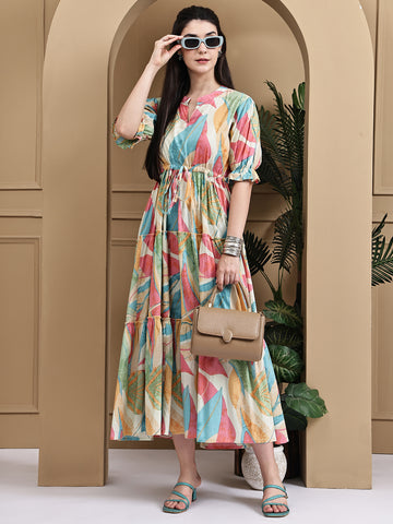 Aawari Women Cotton Printed Knot Dresses