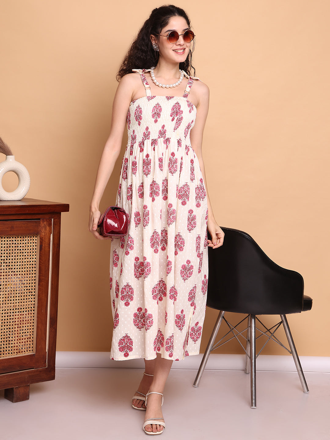 Aawari Elegant Cream & Pink Floral Printed Cotton Bobbin dress with Tie-Up Straps -  Western Wear