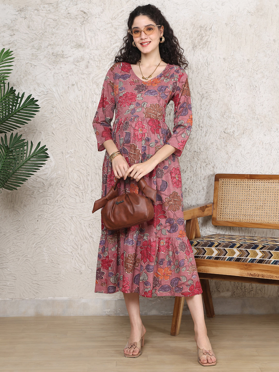 Aawari Dusty Rose Pink Floral Print Cotton Maternity Dresses with 3/4 Sleeves