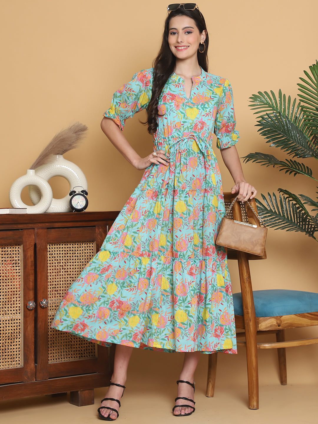 Aawari Women Cotton Printed Knot Dresses / Maxi Dresses / Western Wear
