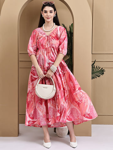 Aawari Women Cotton Printed Knot Dresses With Puff Sleeves