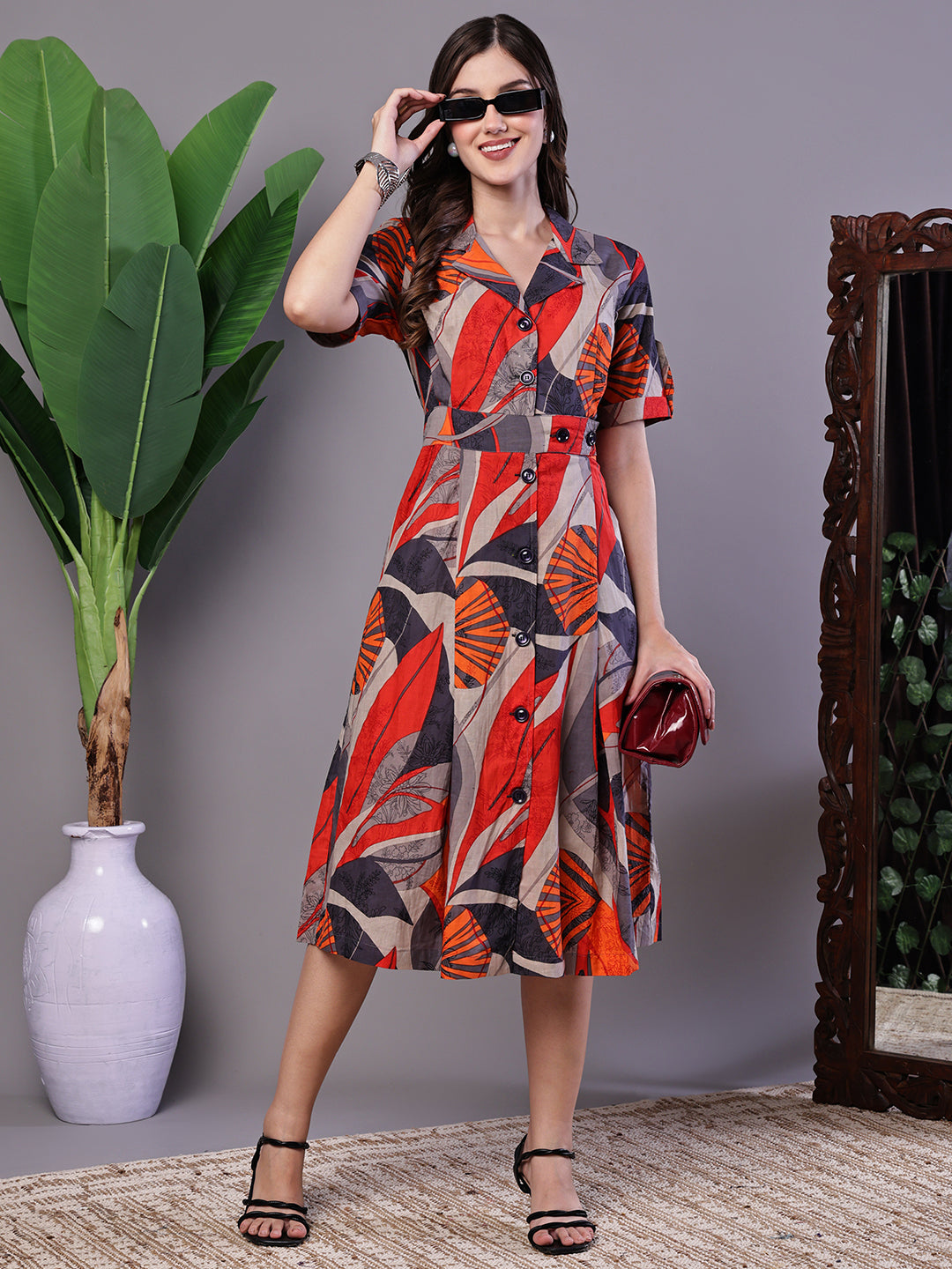 Aawari Multicolor Printed Cotton Shirt Collar Midi Dress - Midi Dresses / Western Wear / Dresses