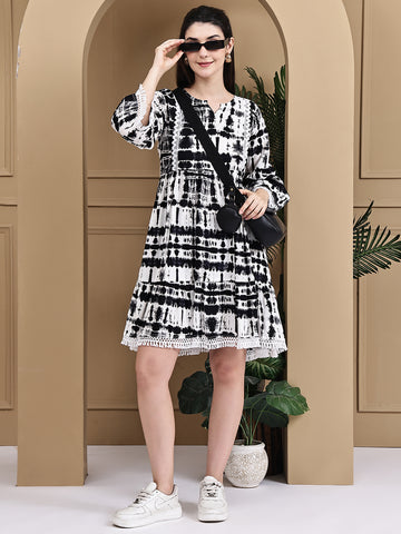Aawari Rayon Tie & Dye Black And White Short Dress