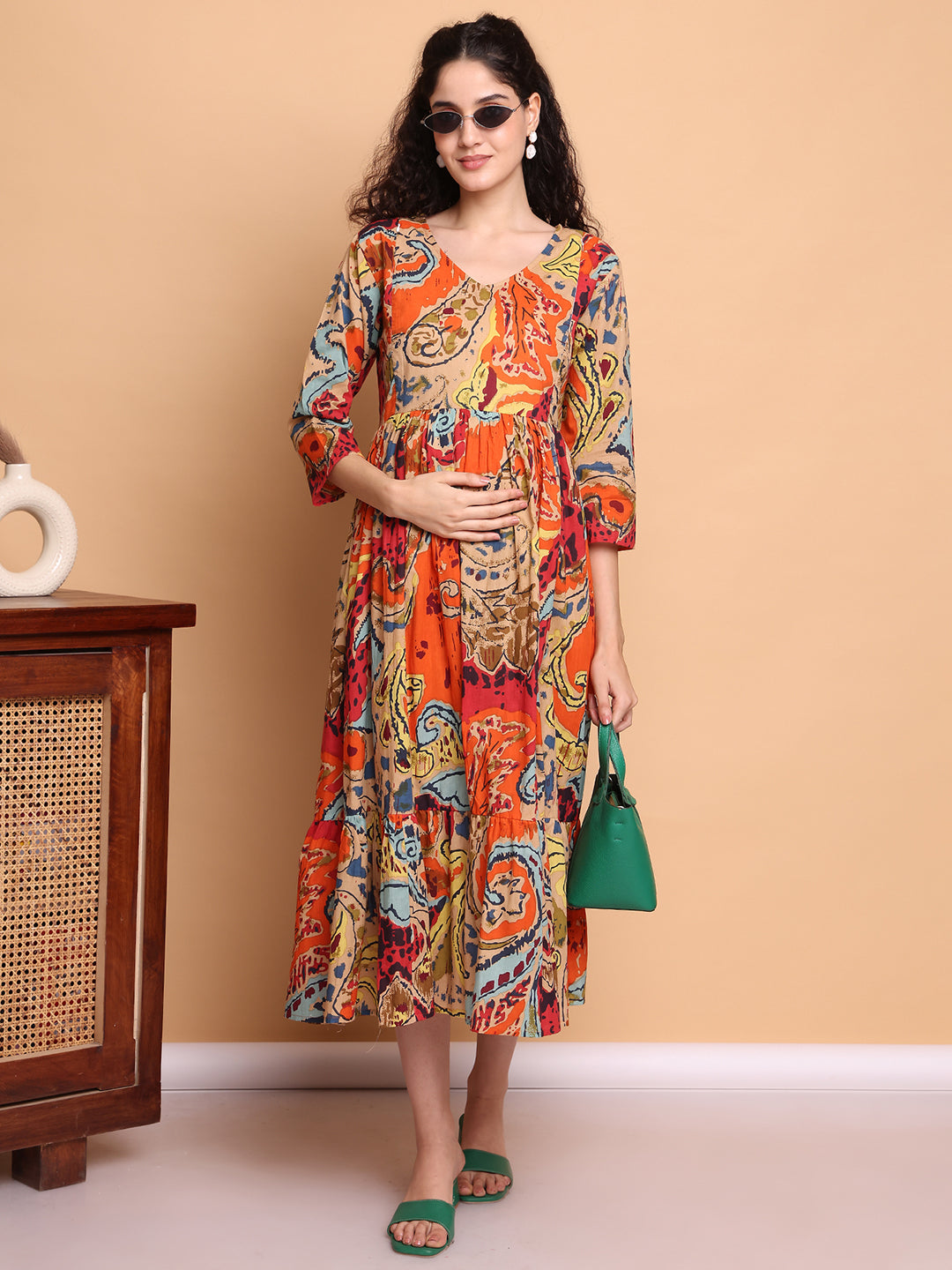 Aawari Bohemian Orange Multicolor Printed Cotton Maternity Dresses with 3/4 Sleeves