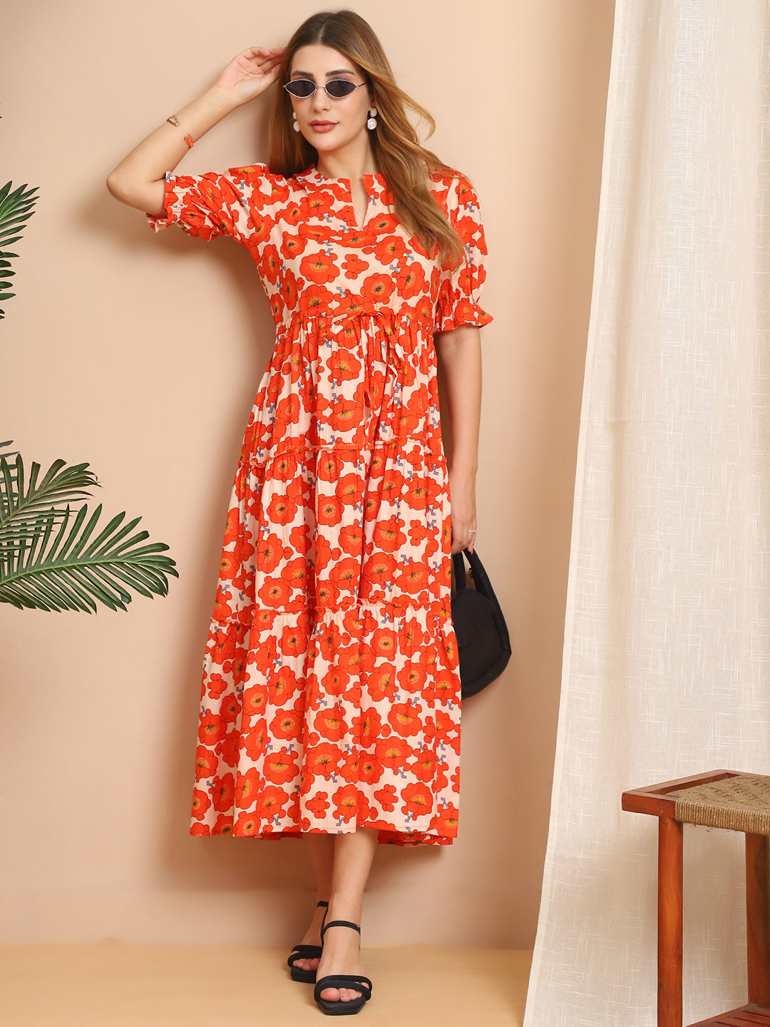 Aawari Orange White Floral Cotton Tiered Maxi Dress Dresses Maxi